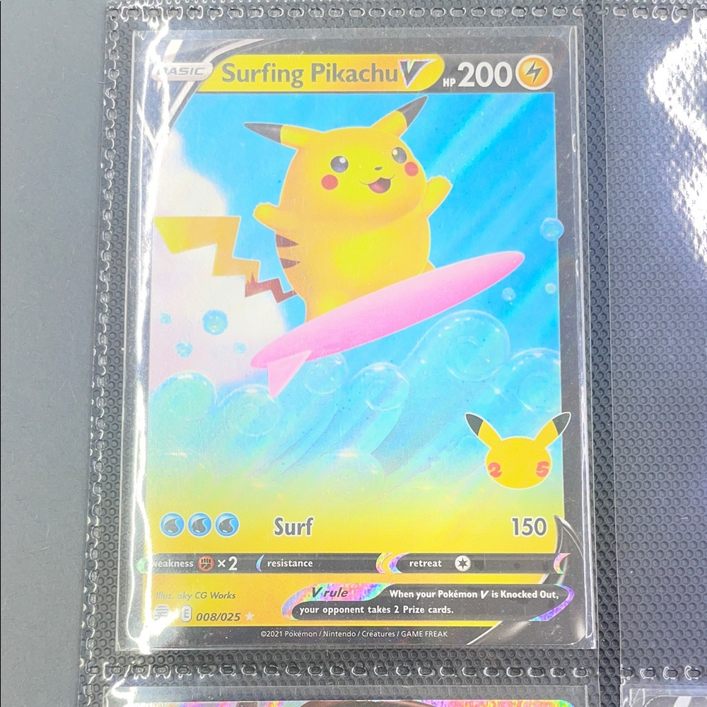 Pokemon Surfing Pikachu V Card - Yellow and Pink